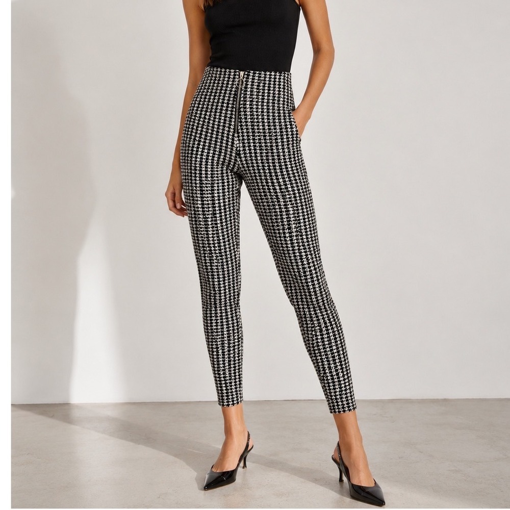 Sandro Paris Houndstooth Pants Womens 8 Black White Ring Zip Office EuroChic